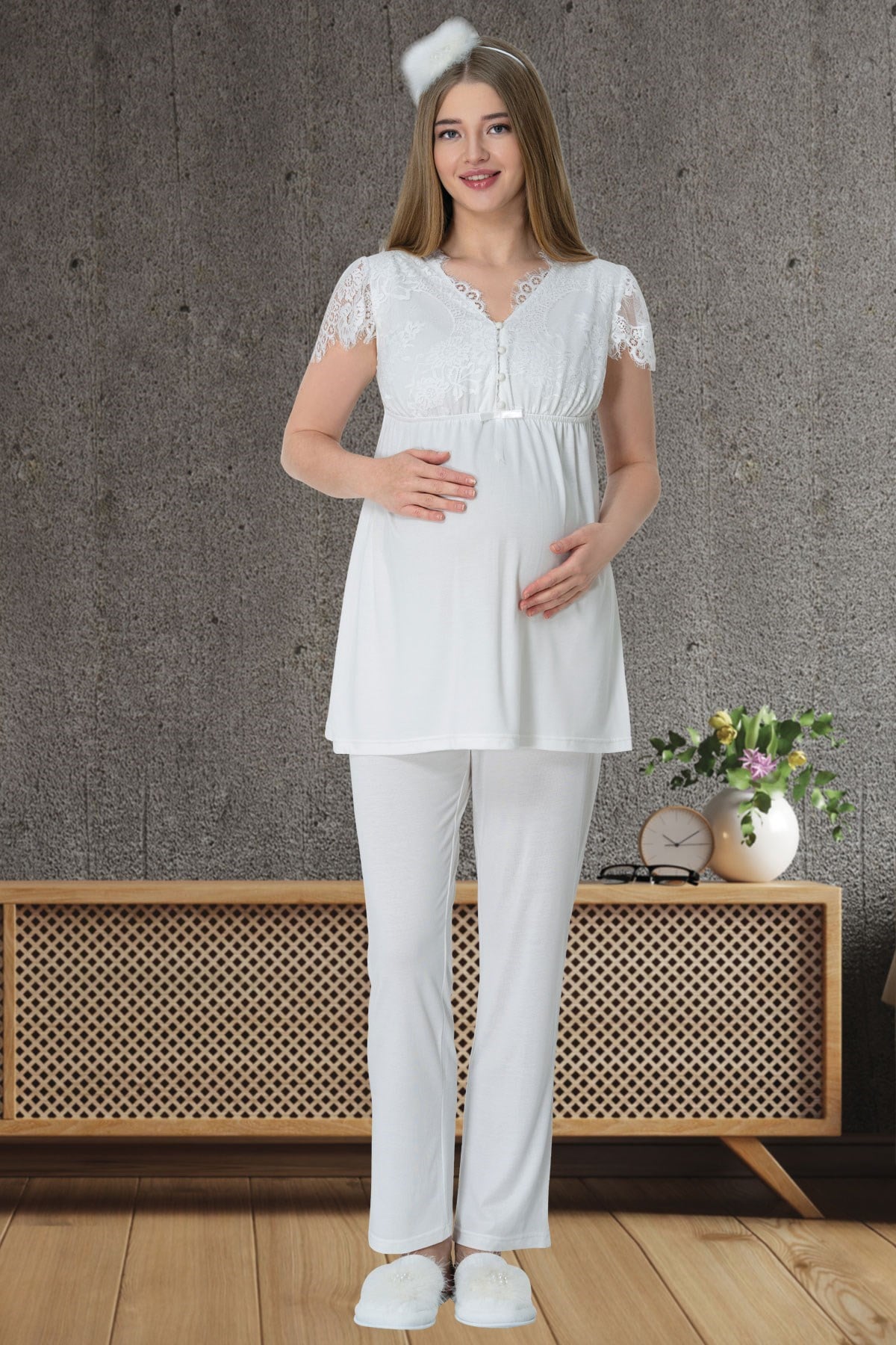 Mecit 5603 Ekru Dantel Detaylı Lohusa Pijama