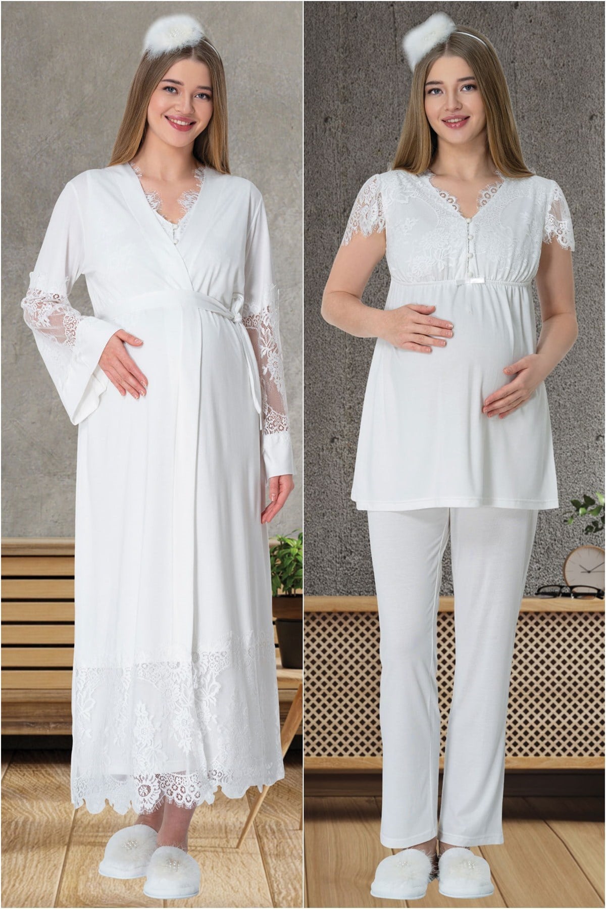 Mecit 5604 Ekru Dantel Detaylı Lohusa 4lü Set