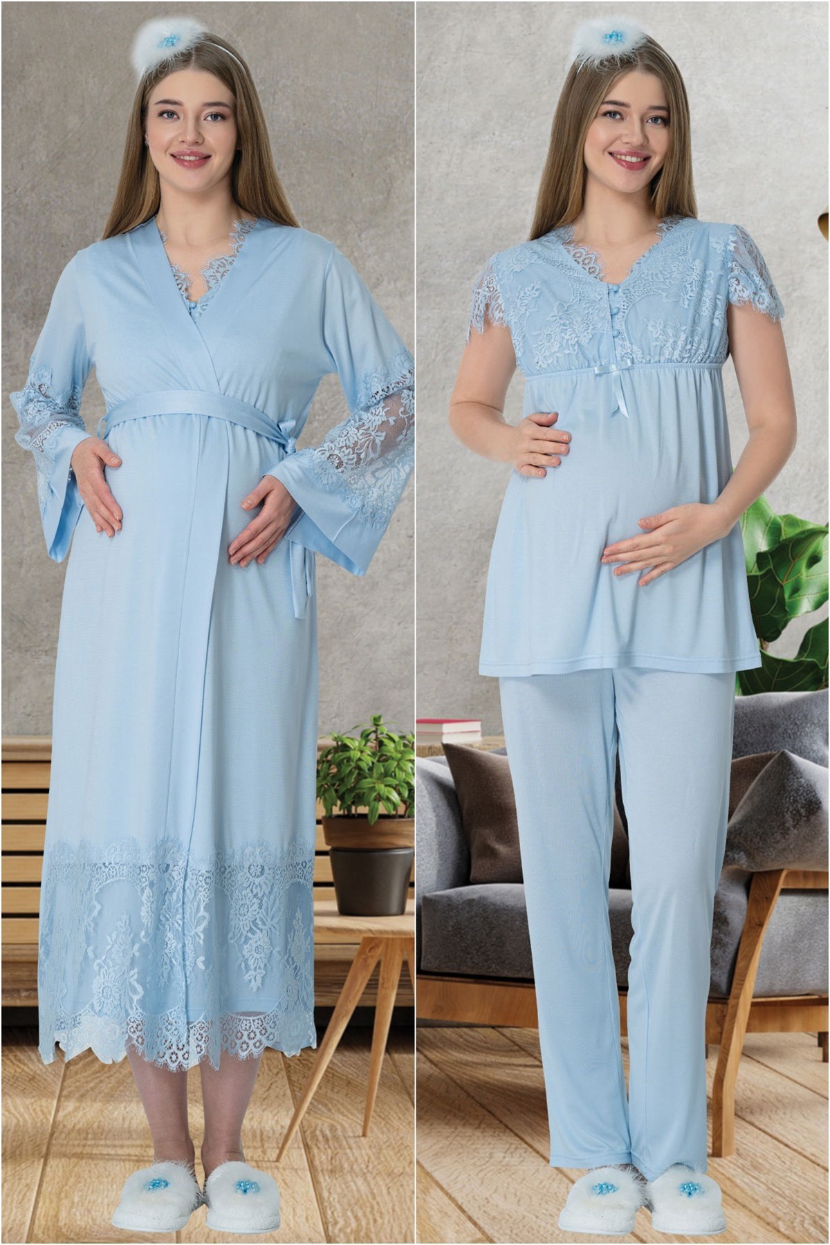 Mecit 5604 Mavi Dantel Detaylı Lohusa 4lü Set