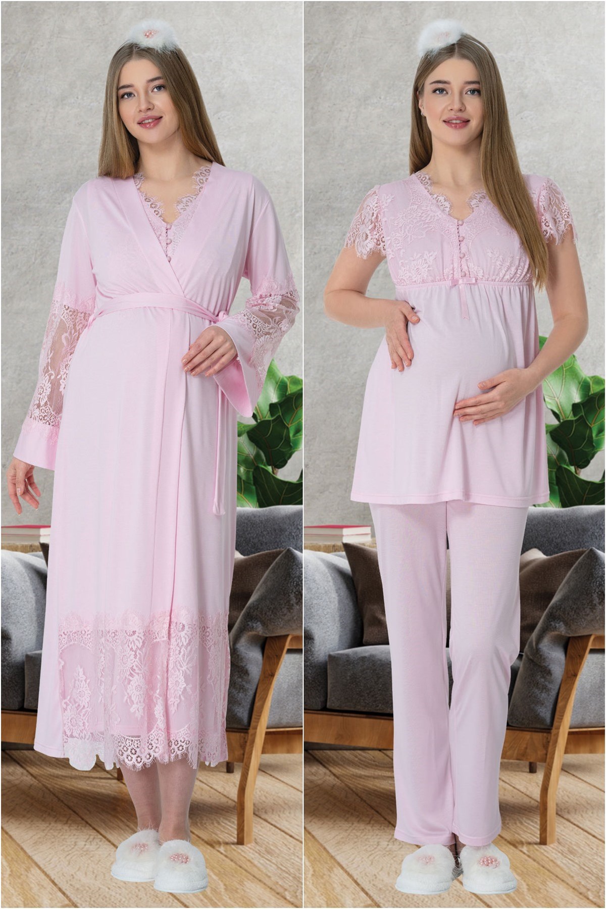 Mecit 5604 Pembe Dantel Detaylı Lohusa 4lü Set