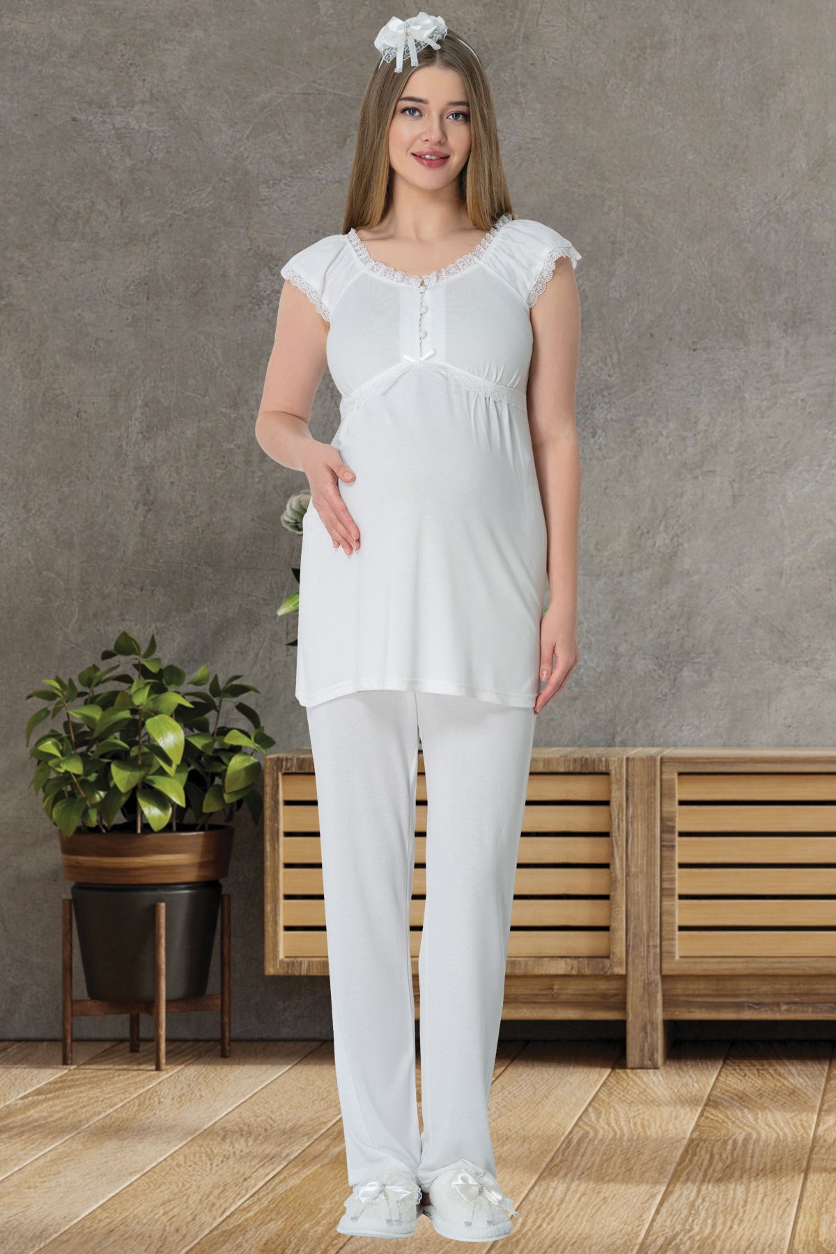 Mecit 5609 Ekru Dantel Detaylı Lohusa Pijama Takımı