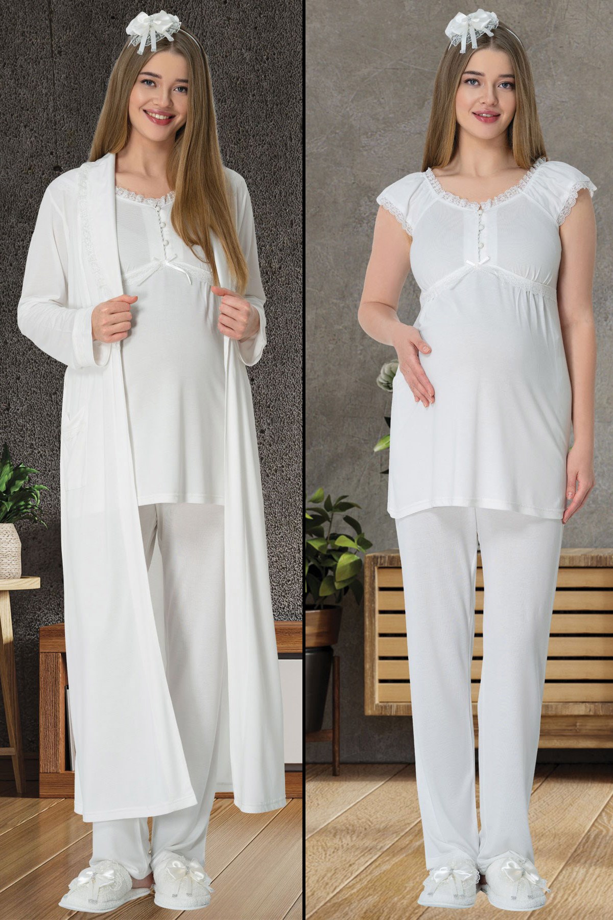 Mecit 5611 Ekru Sabahlıklı Lohusa Pijama Takımı