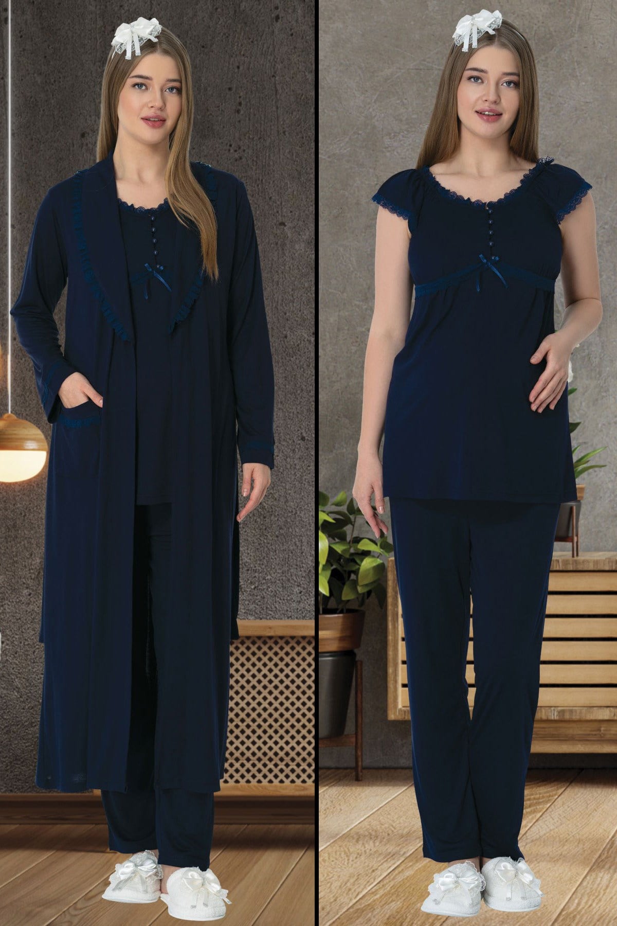 Mecit 5611 Lacivert Sabahlıklı Lohusa Pijama Takımı