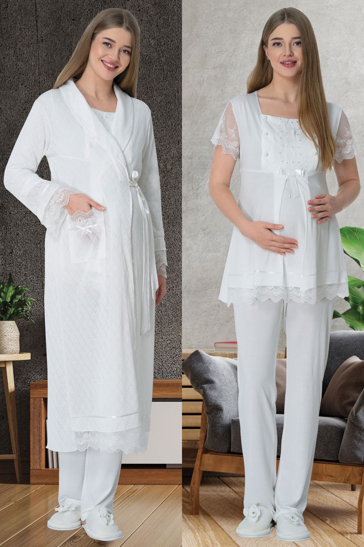Mecit 5621 Ekru Triko Sabahlıklı Pijama Takımı