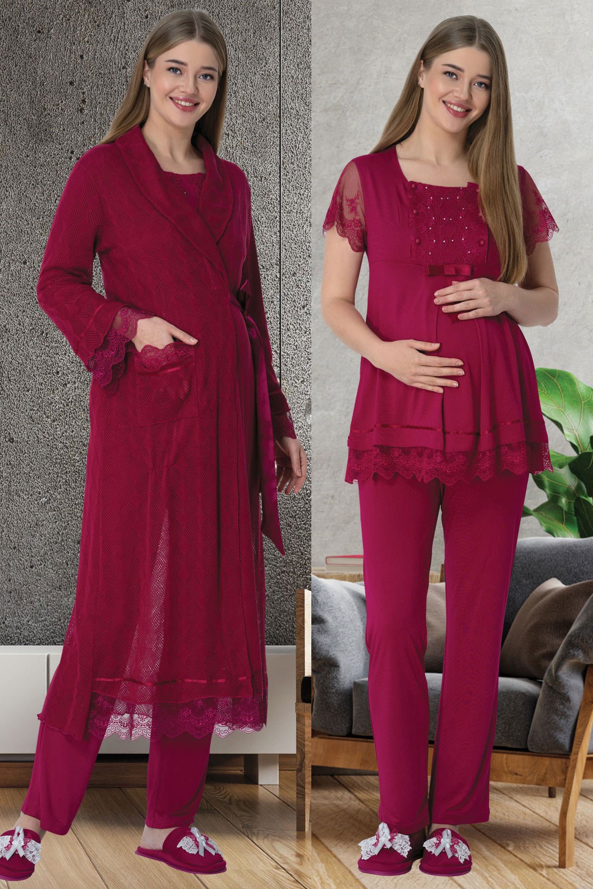 Mecit 5621 Fuşya Triko Sabahlıklı Pijama Takımı