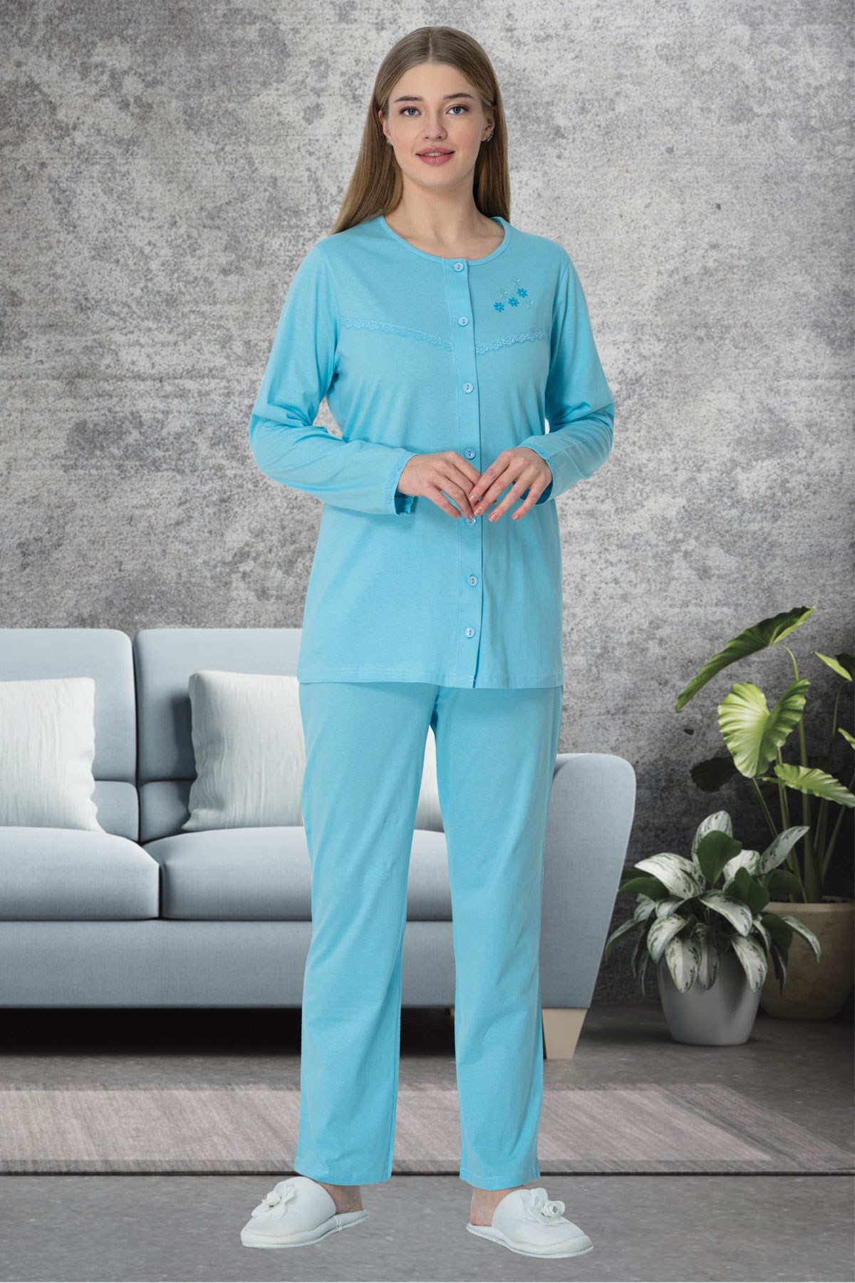 Mecit 5638 Mavi Büyük Beden Önden Düğmeli Kadın Pijama Takımı