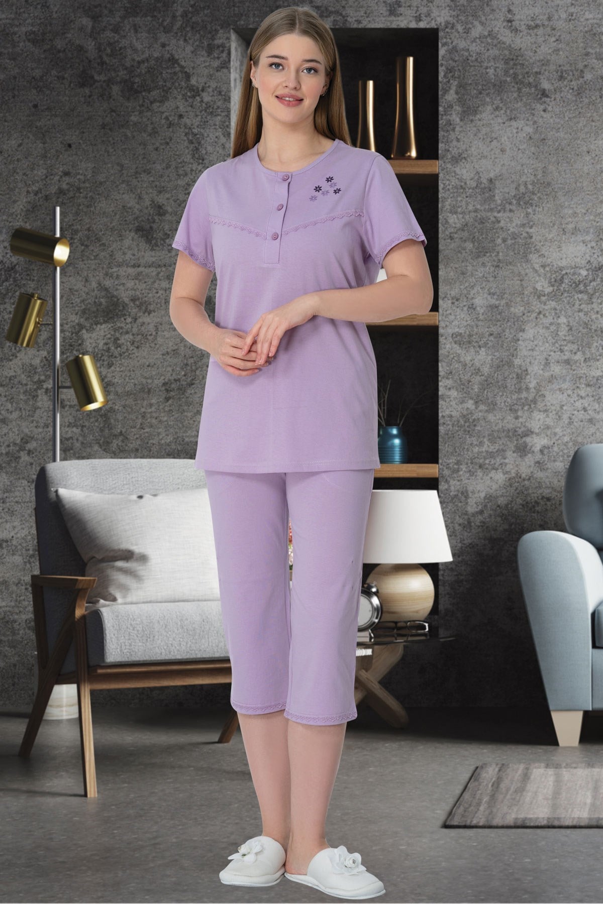 Mecit 5641 Lila Büyük Beden Capri Kadın Pijama Takımı