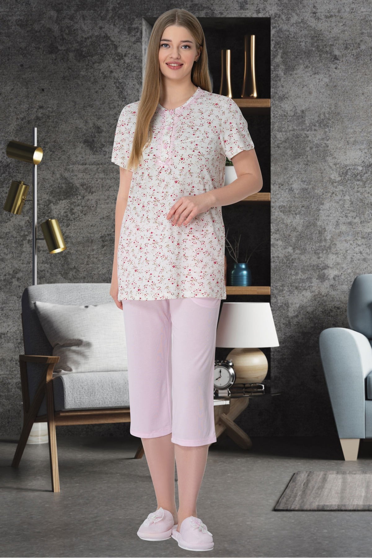 Mecit 5642 Pembe Büyük Beden Capri Kadın Pijama Takımı