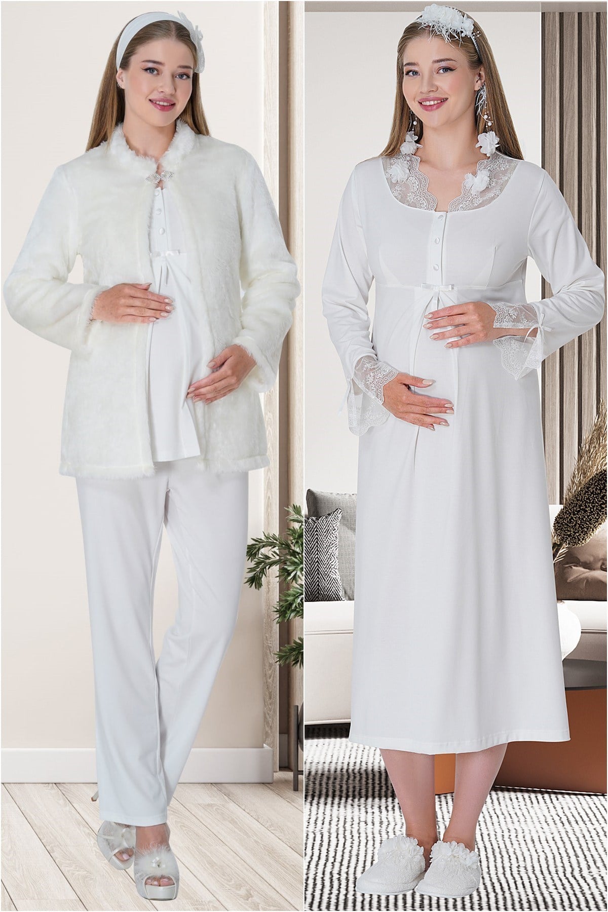 Mecit 5700 Ekru Peluş Sabahlıklı Pijama Gecelik Lohusa Set