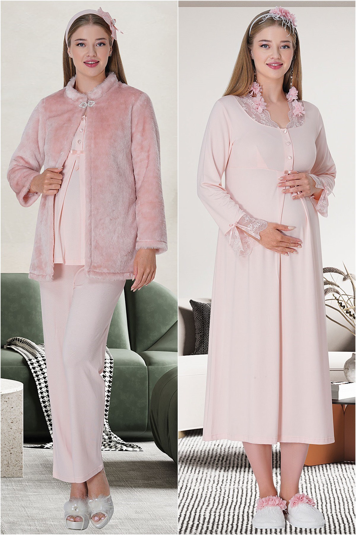 Mecit 5700 Pudra Peluş Sabahlıklı Pijama Gecelik Lohusa Set