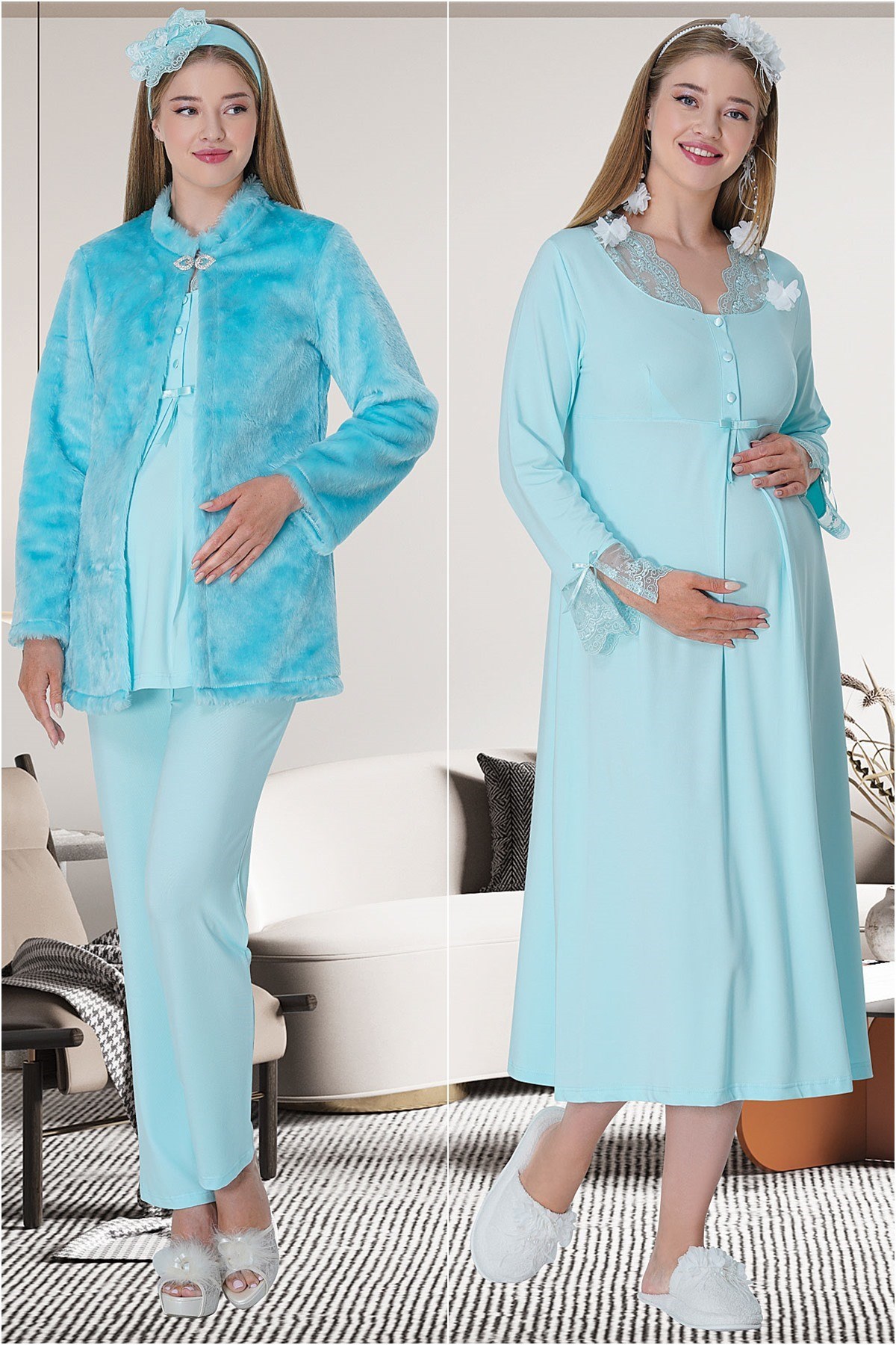 Mecit 5700 Turkuaz Peluş Sabahlıklı Pijama Gecelik Lohusa Set