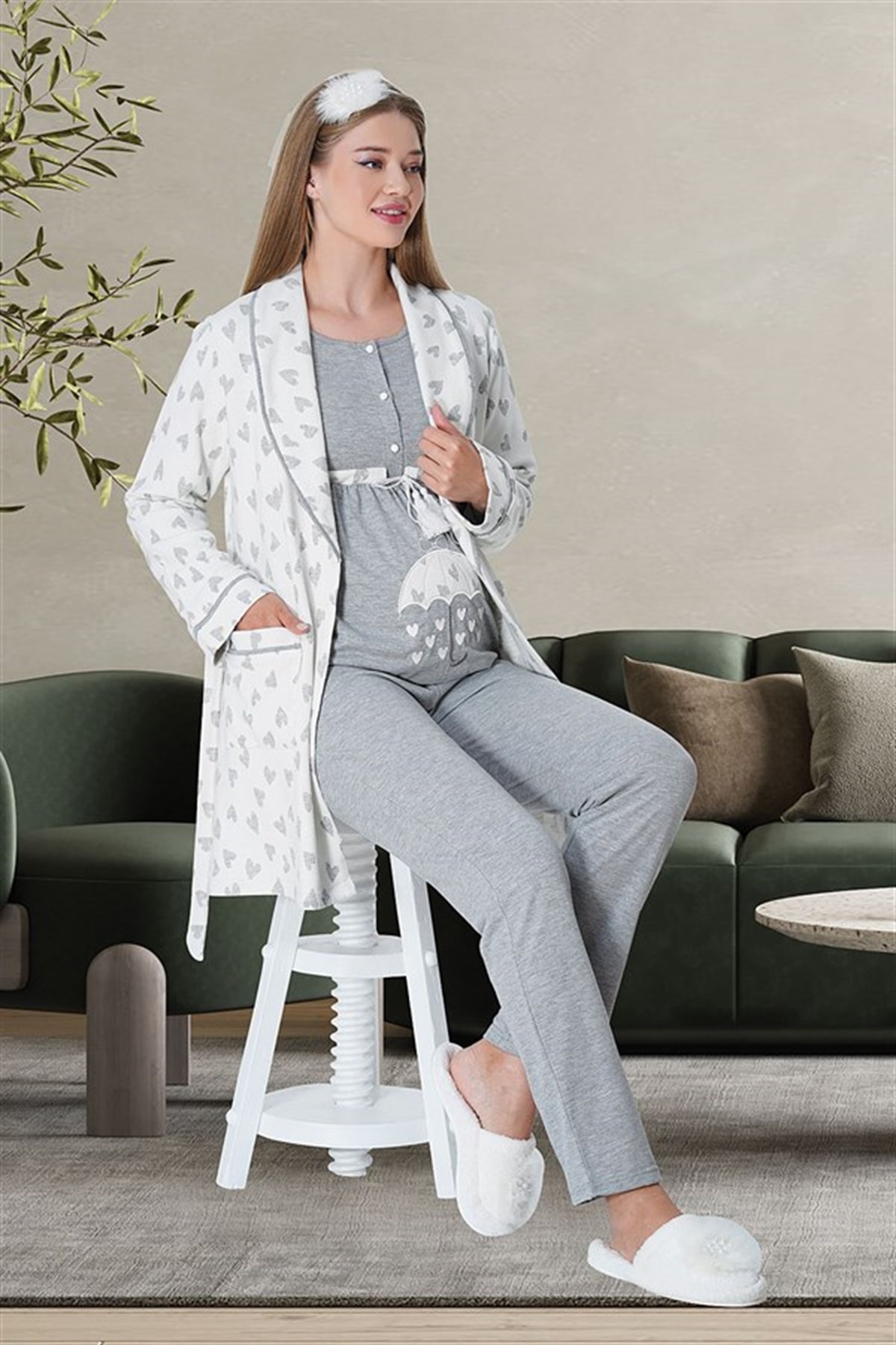 Mecit 5706 Gri Sabahlıklı Lohusa Pijama Takımı