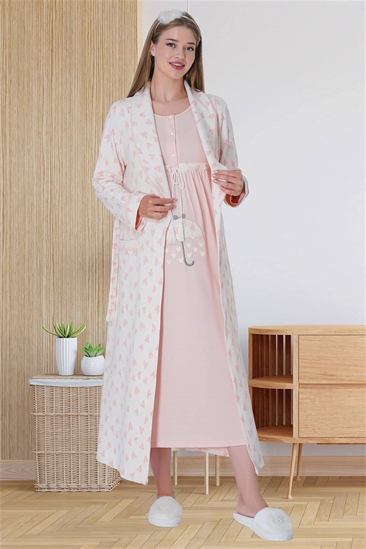 Mecit 5708 Pembe Sabahlıklı Desen Detay Lohusa Gecelik Takım