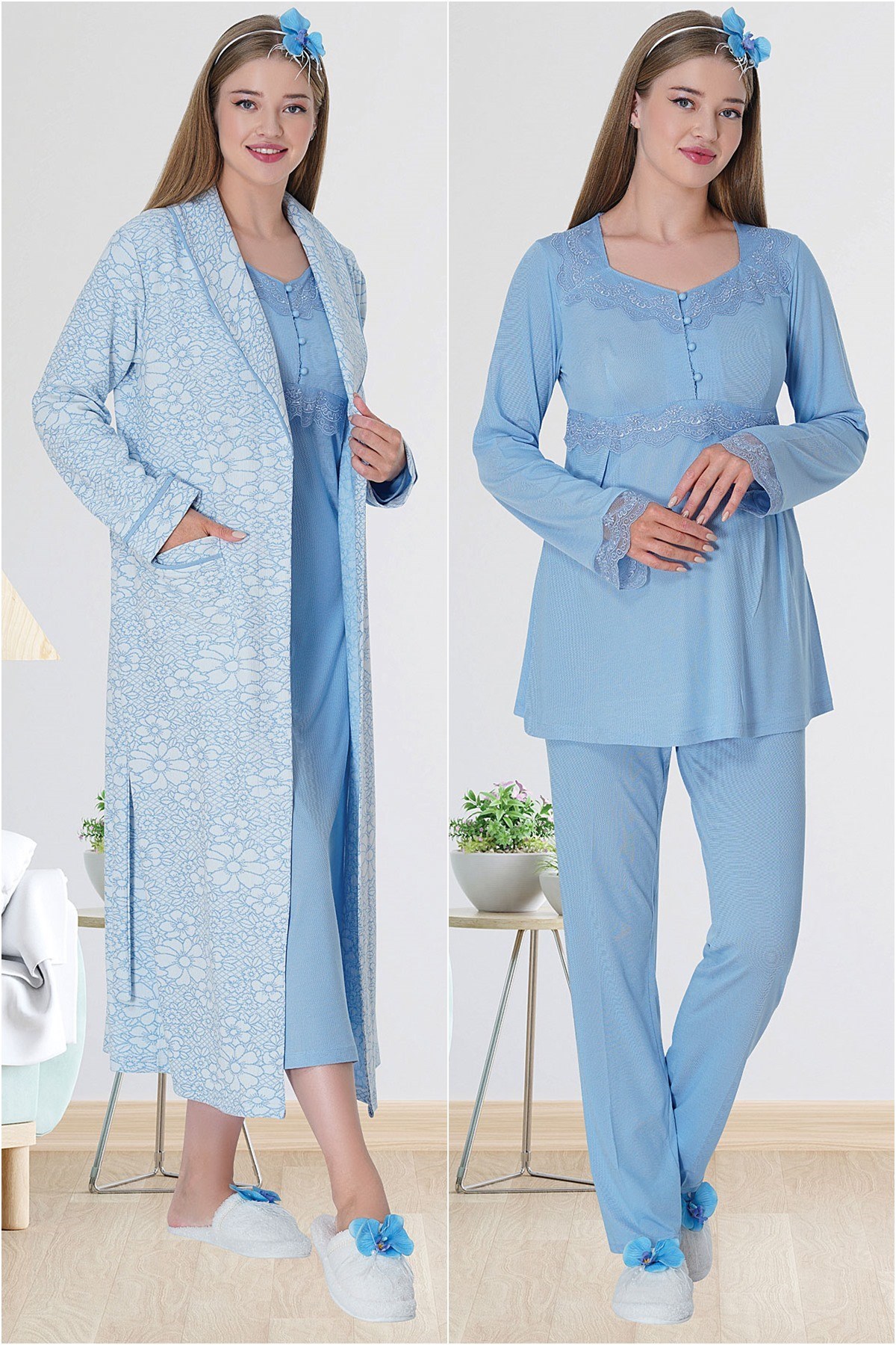 Mecit 5712 Mavi Sabahlıklı Pijama Gecelik Lohusa Set