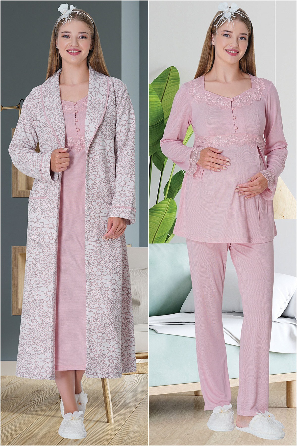 Mecit 5712 Pembe Sabahlıklı Pijama Gecelik Lohusa Set