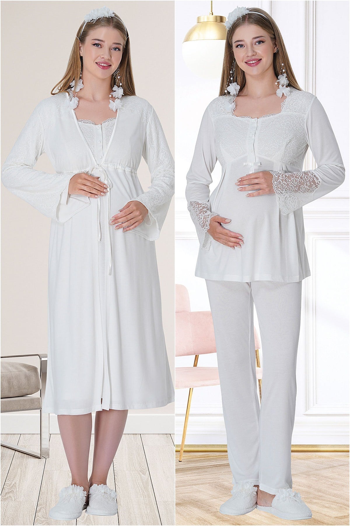 Mecit 5718 Ekru Sabahlıklı Pijama Gecelik Lohusa Set