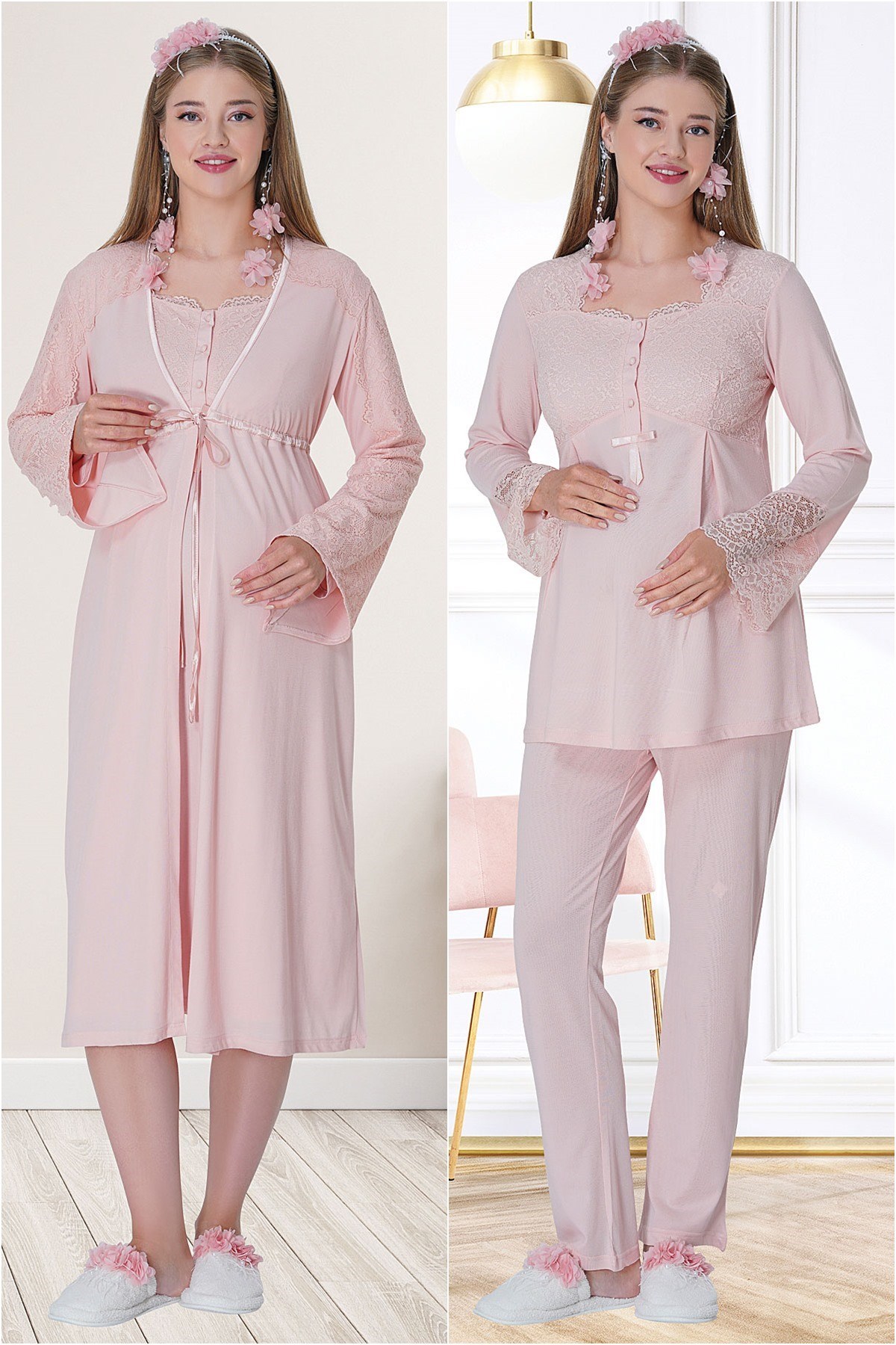 Mecit 5718 Pudra Sabahlıklı Pijama Gecelik Lohusa Set