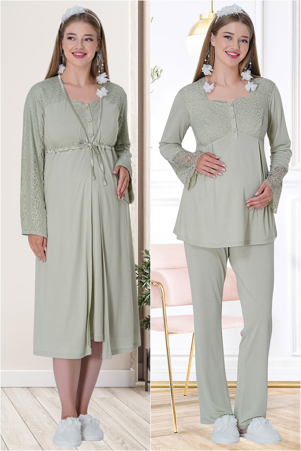 Mecit 5718 Yeşil Sabahlıklı Pijama Gecelik Lohusa Set