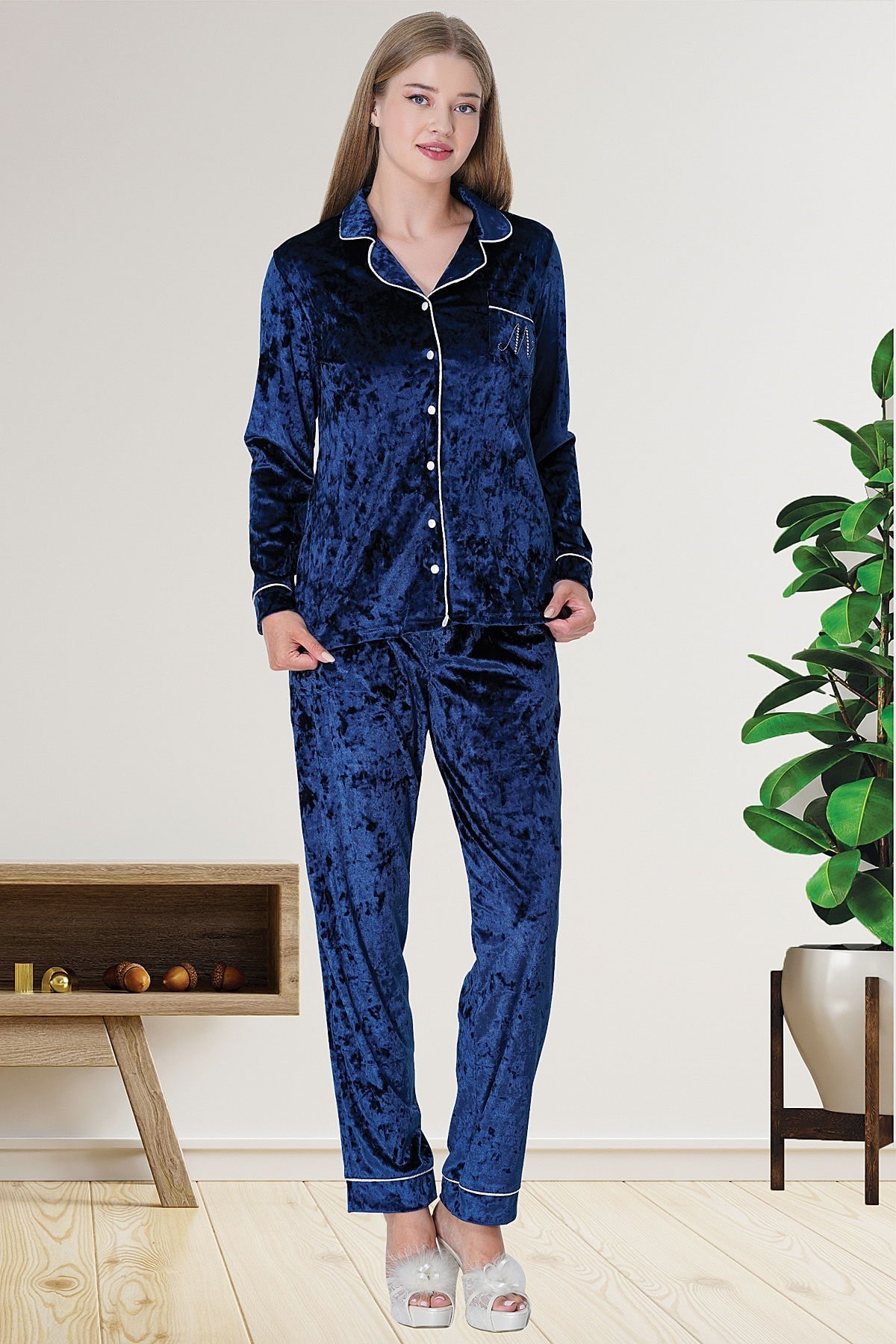 Mecit 5722 Kadife Önden Düğmeli Lohusa Pijama Takımı