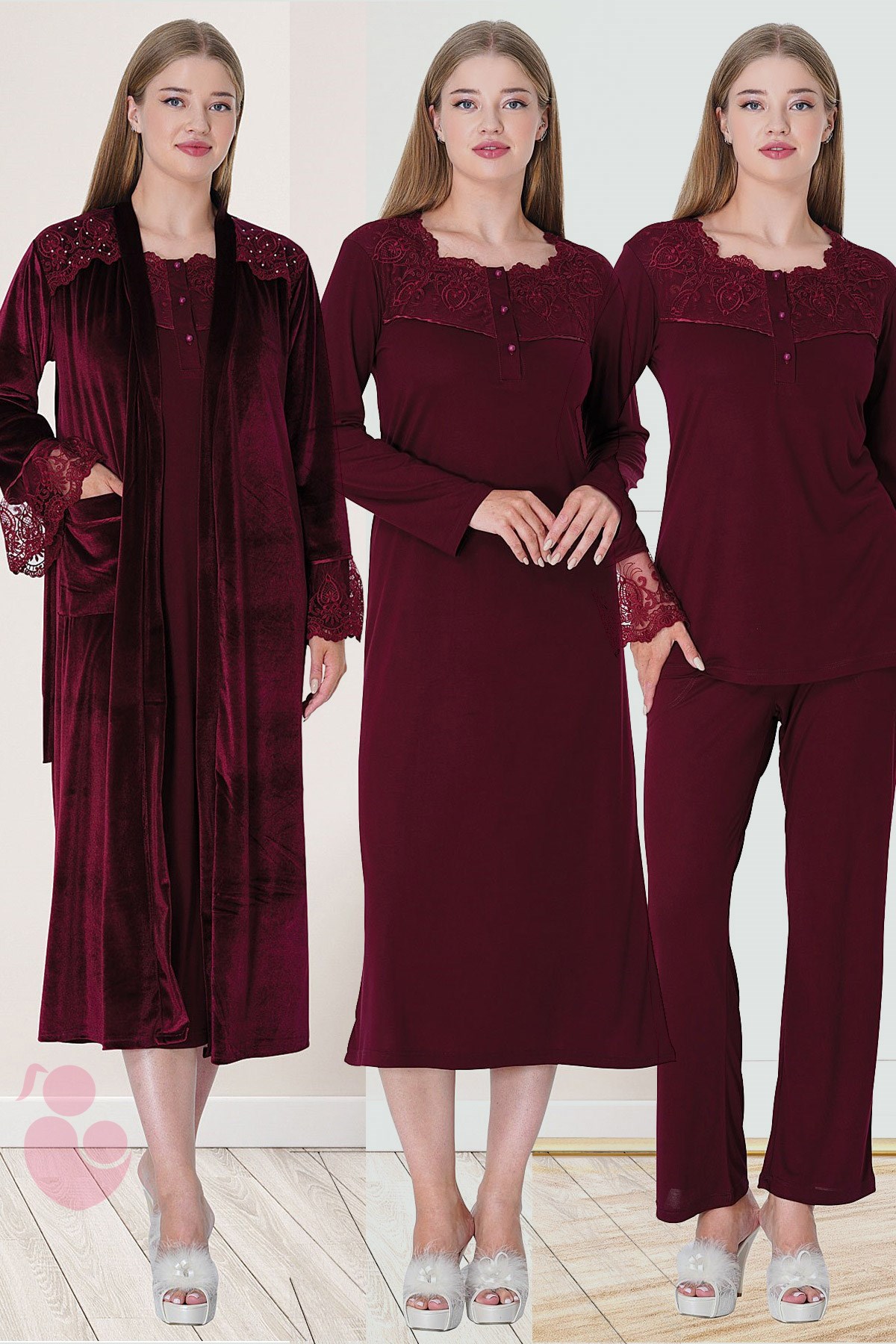 Mecit 5724 Bordo Kadife Sabahlıklı Lohusa 4lü Set