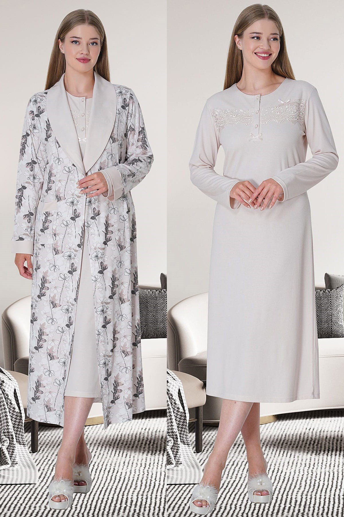 Mecit 5733 Pembe Kadın Sabahlık Gecelik Takım