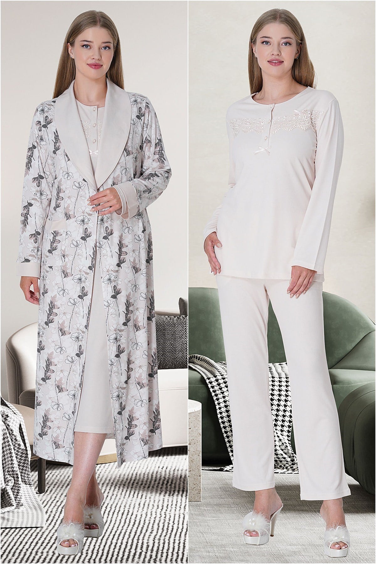 Mecit 5735 Pembe Kadın Sabahlık Pijama Gecelik Set
