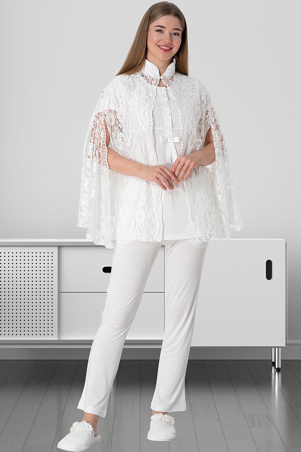 Mecit 5803 Ekru Pelerin Dantel Sabahlıklı Lohusa Pijama Takımı