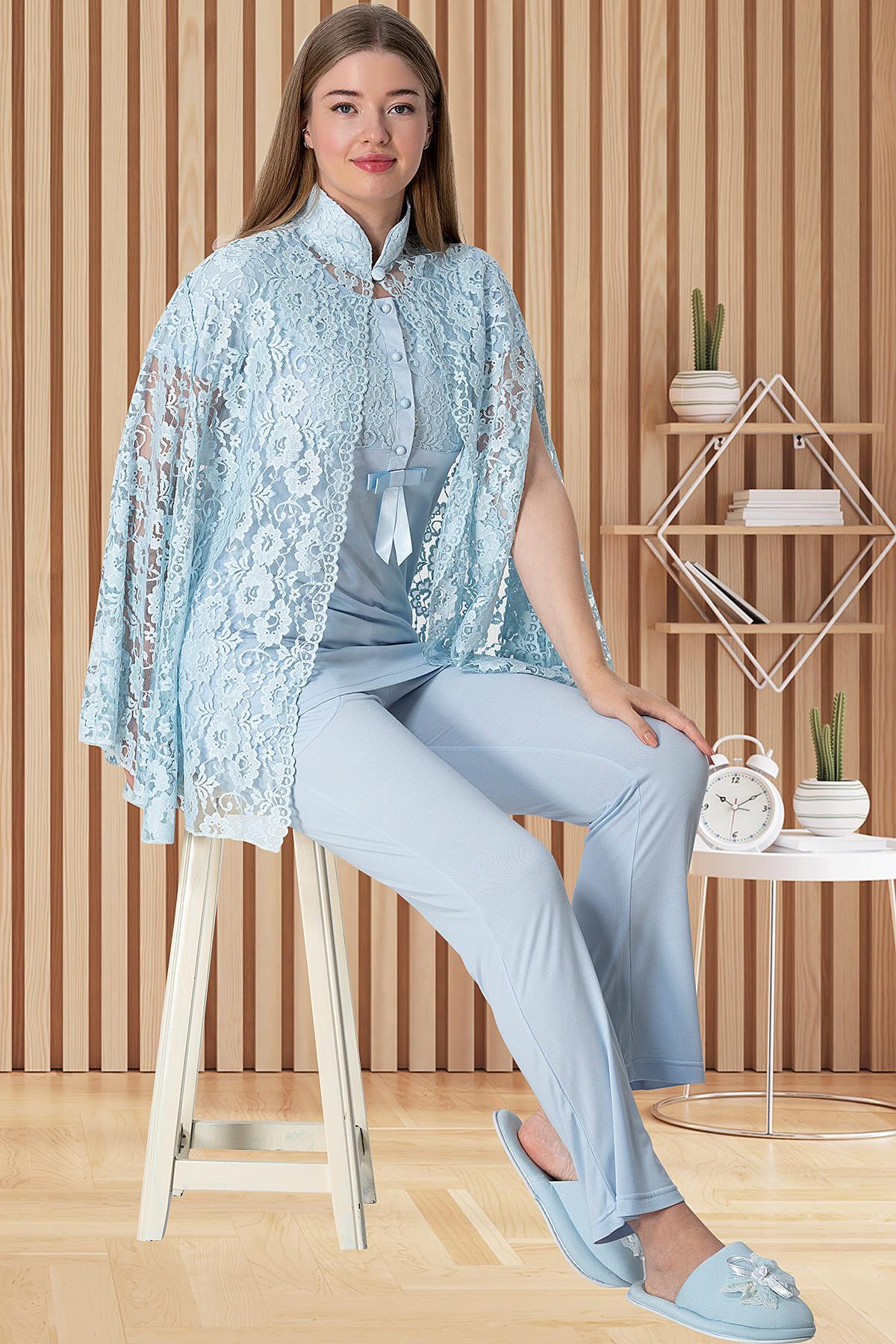 Mecit 5803 Mavi Pelerin Dantel Sabahlıklı Lohusa Pijama Takımı