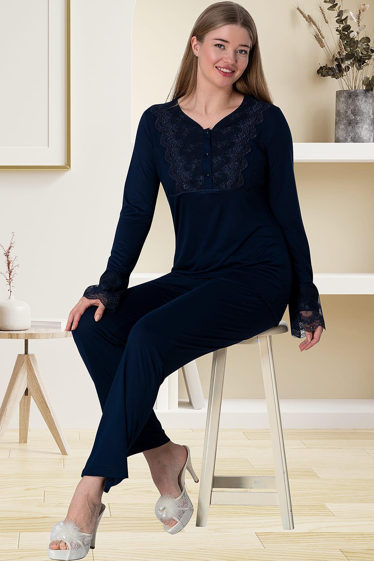 Mecit 5815 Lacivert Güpürlü Lohusa Pijama Takımı
