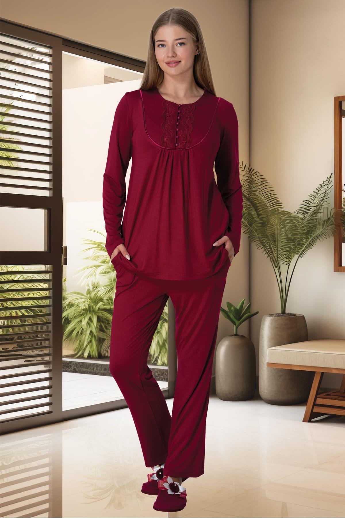 Mecit 5917 Bordo Güpür Detaylı Büyük Beden Lohusa Pijama Takımı