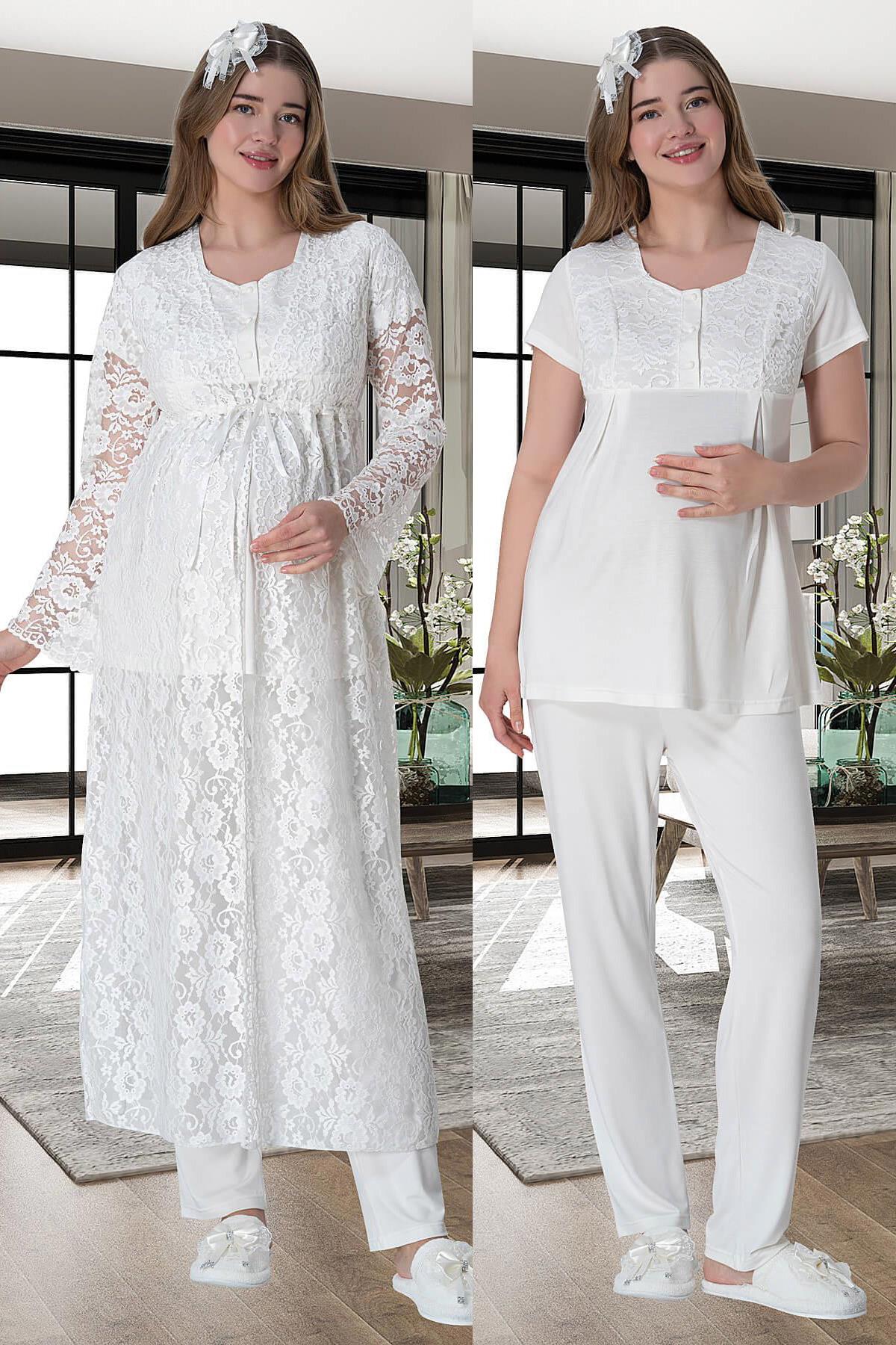 Mecit 6000 Ekru Dantel Sabahlıklı Lohusa Pijama Takımı