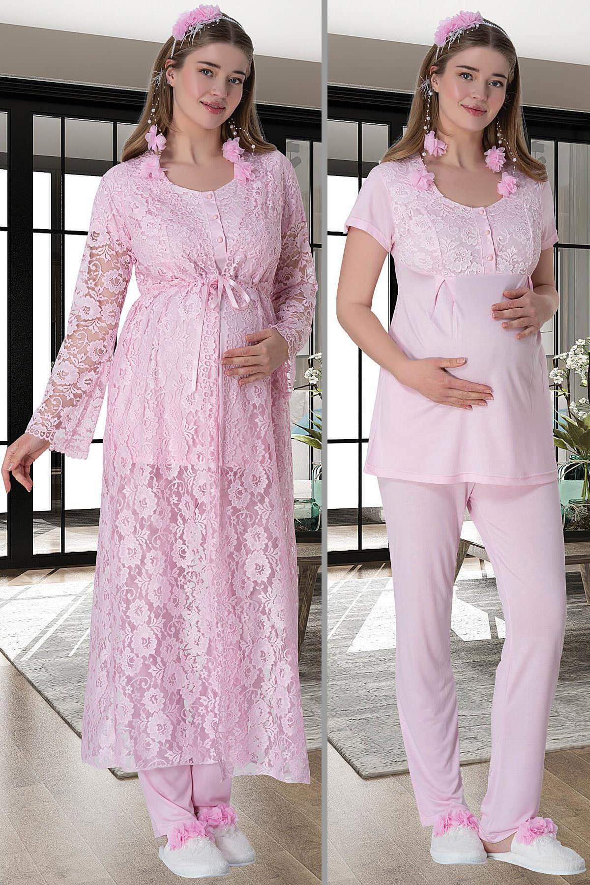 Mecit 6000 Pembe Dantel Sabahlıklı Lohusa Pijama Takımı