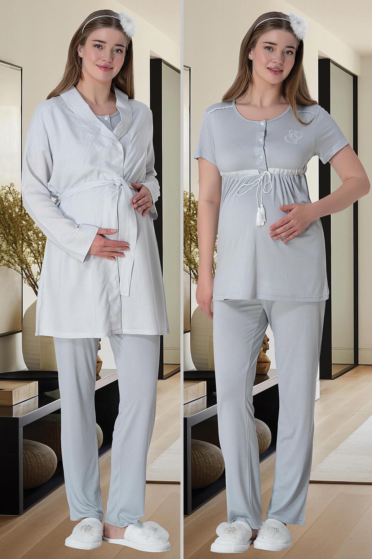 Mecit 6001 Gri Çizgili Sabahlıklı Lohusa Pijama Takımı