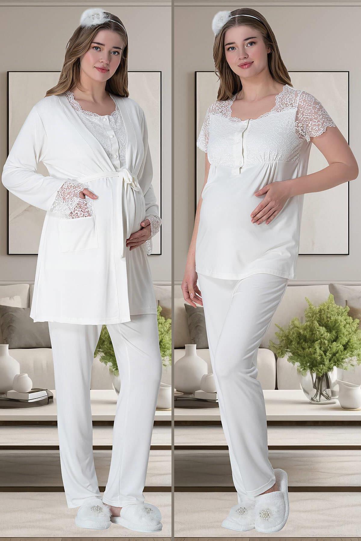Mecit 6002 Ekru Dantel Detaylı Sabahlıklı Lohusa Pijama Takımı