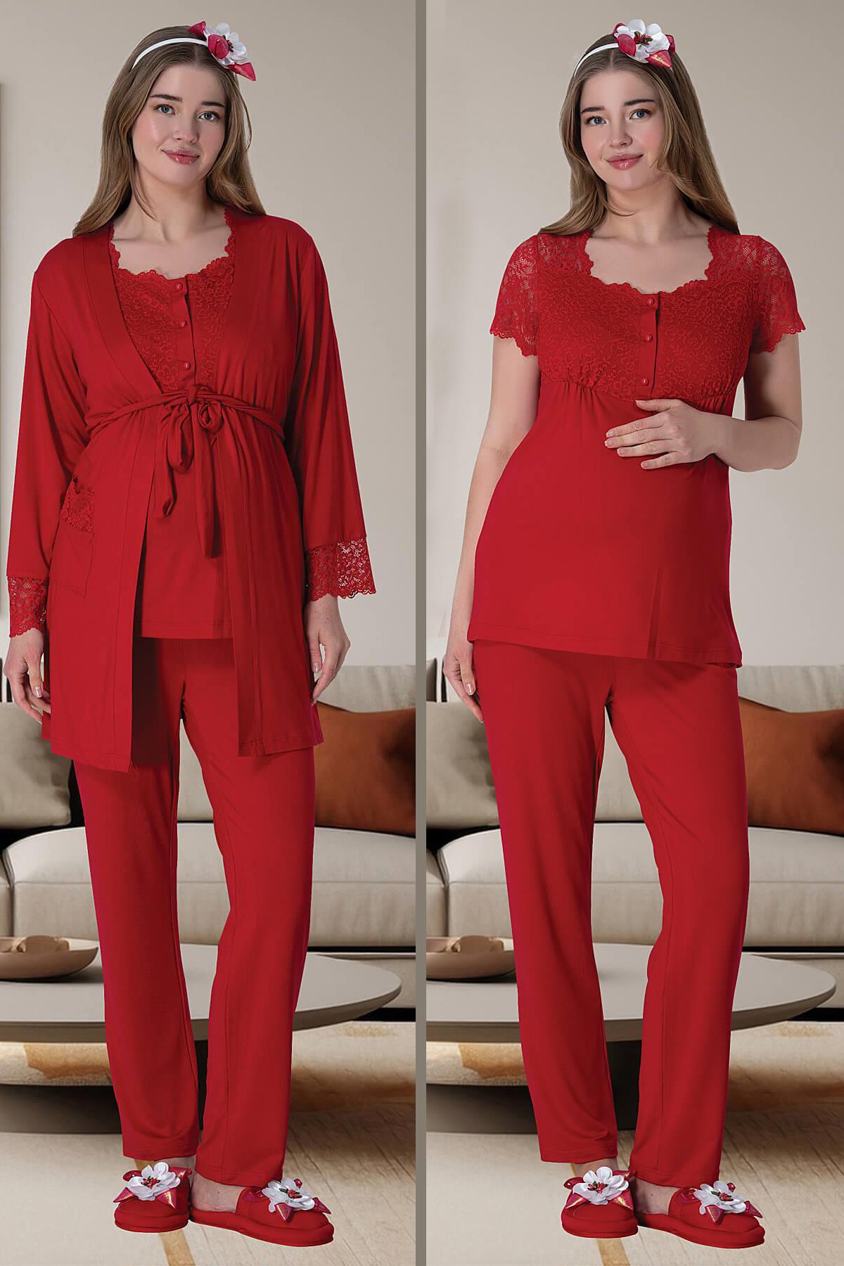 Mecit 6002 Kırmızı Dantel Detaylı Sabahlıklı Lohusa Pijama Takımı