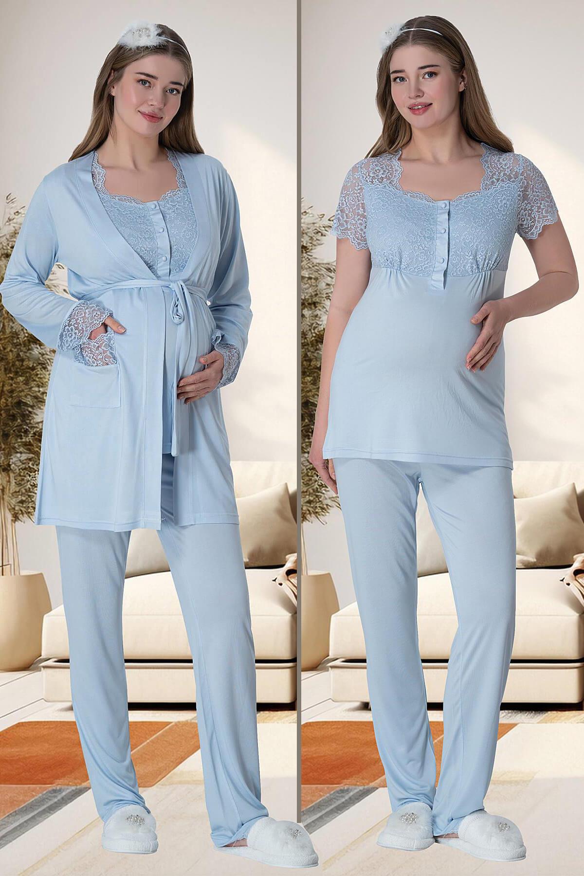 Mecit 6002 Mavi Dantel Detaylı Sabahlıklı Lohusa Pijama Takımı