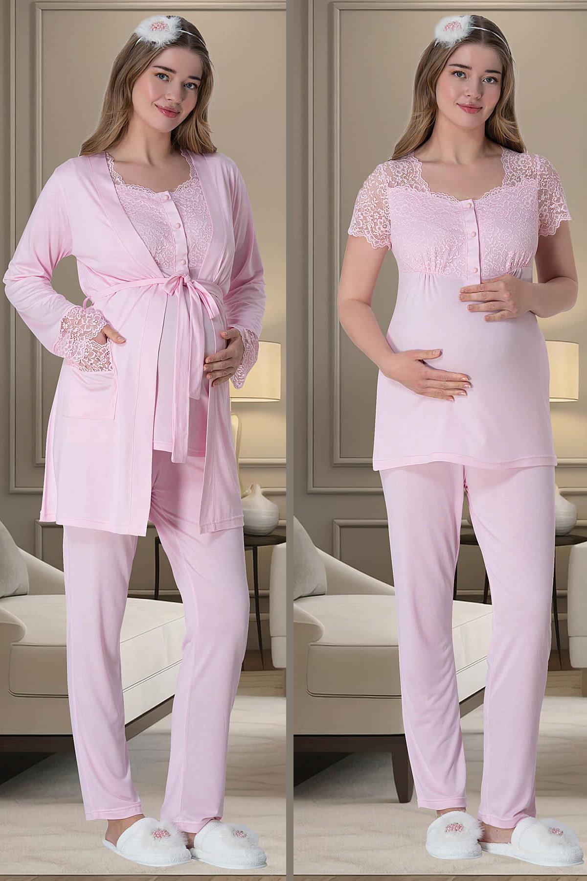 Mecit 6002 Pembe Dantel Detaylı Sabahlıklı Lohusa Pijama Takımı