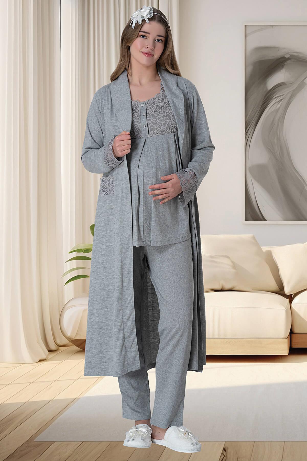 Mecit 6003 Gri Dantel Detaylı Sabahlıklı  Lohusa Pijama Takımı