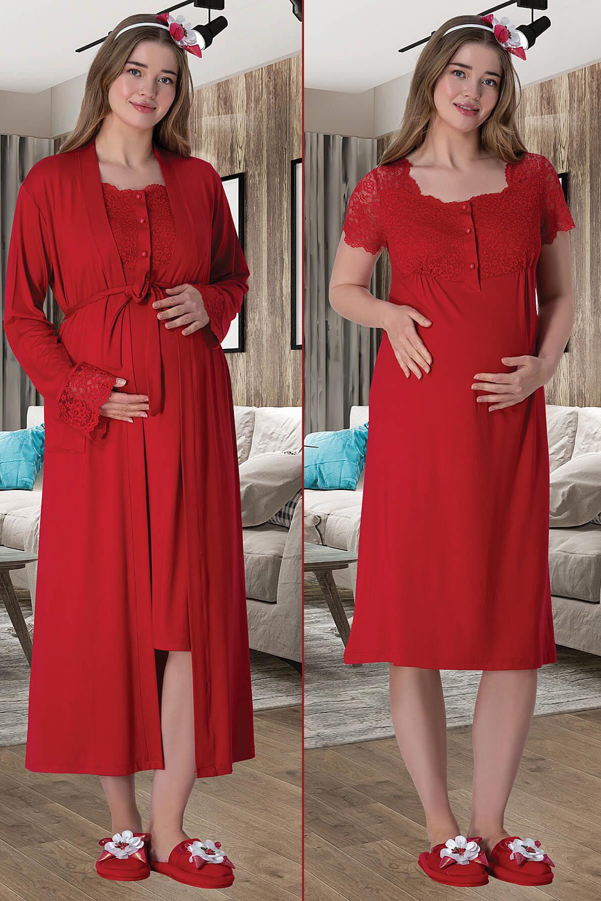 Mecit 6005 Kırmızı Dantel Detaylı Sabahlıklı Lohusa Gecelik Takımı