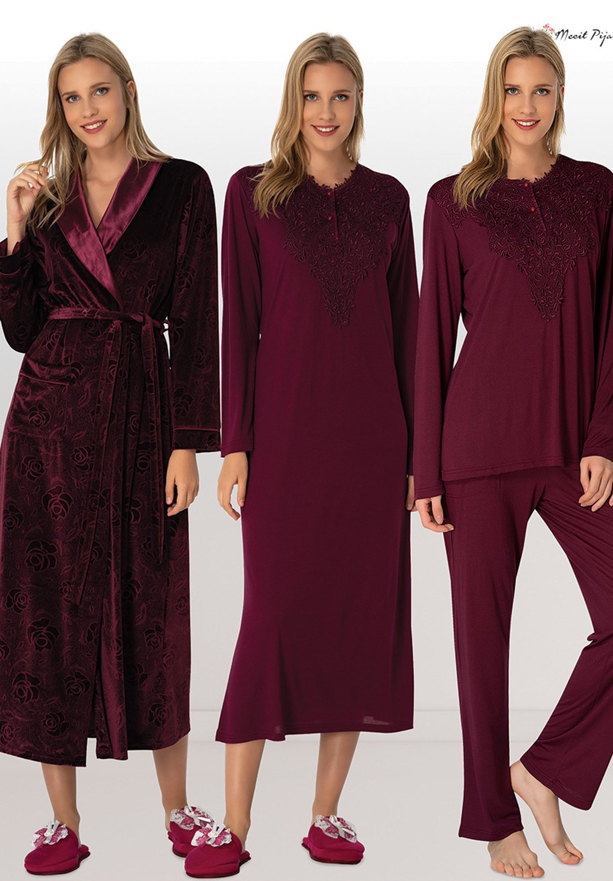 Mecit 6016 Bordo Kadife Sabahlıklı Lohusa Hamile 4'lü Set
