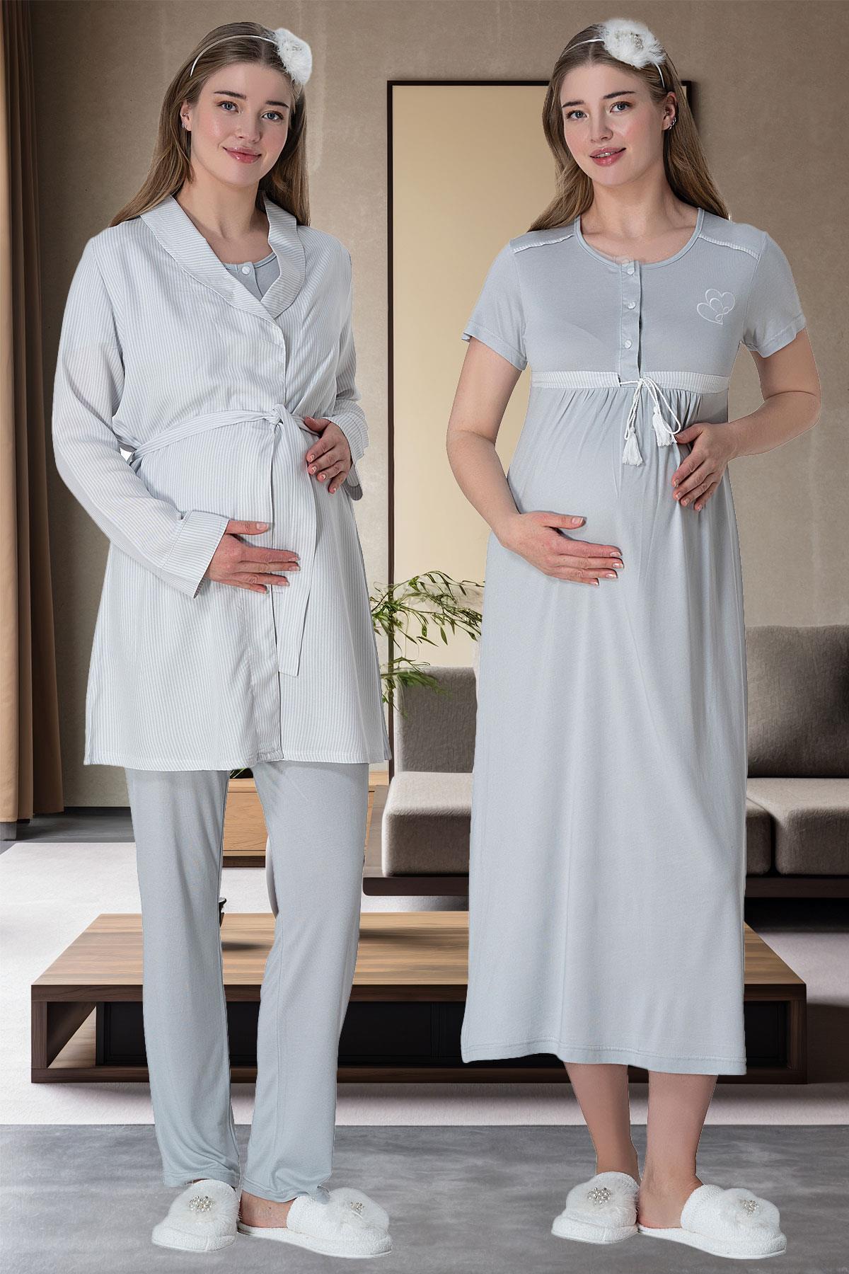 Mecit 6061 Gri Çizgi Sabahlıklı 4lü Lohusa Set