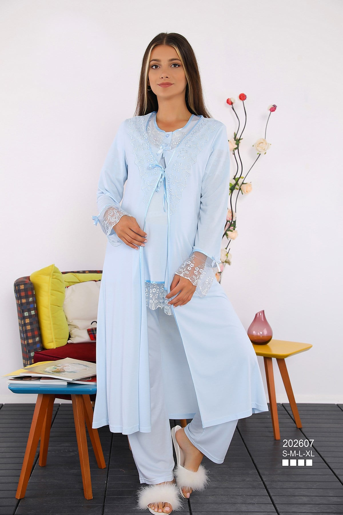 Miss Mirella 202607 Mavi Dantel Sabahlıklı Lohusa Pijama Takımı