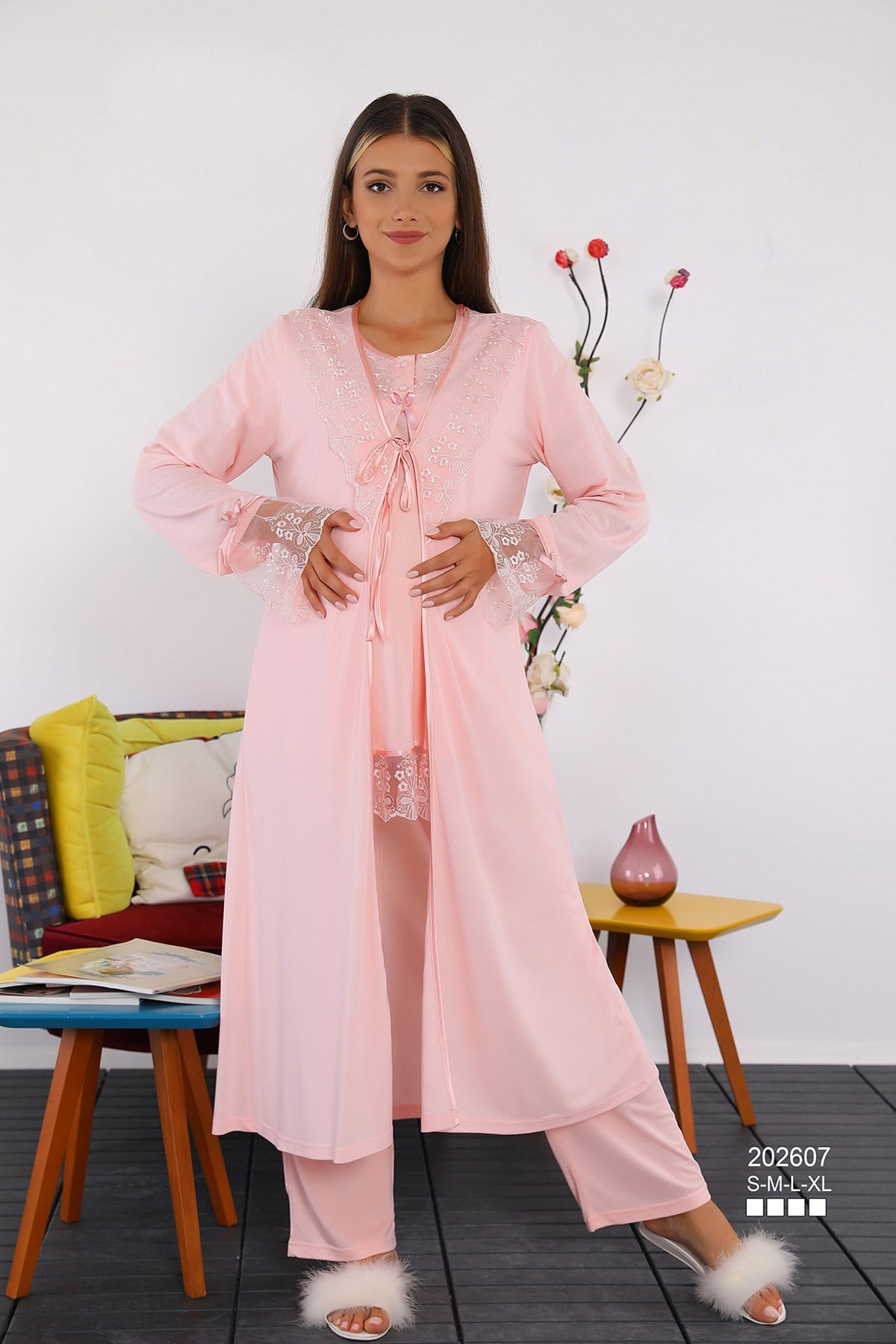 Miss Mirella 202607 Pudra Dantel Sabahlıklı Lohusa Pijama Takımı