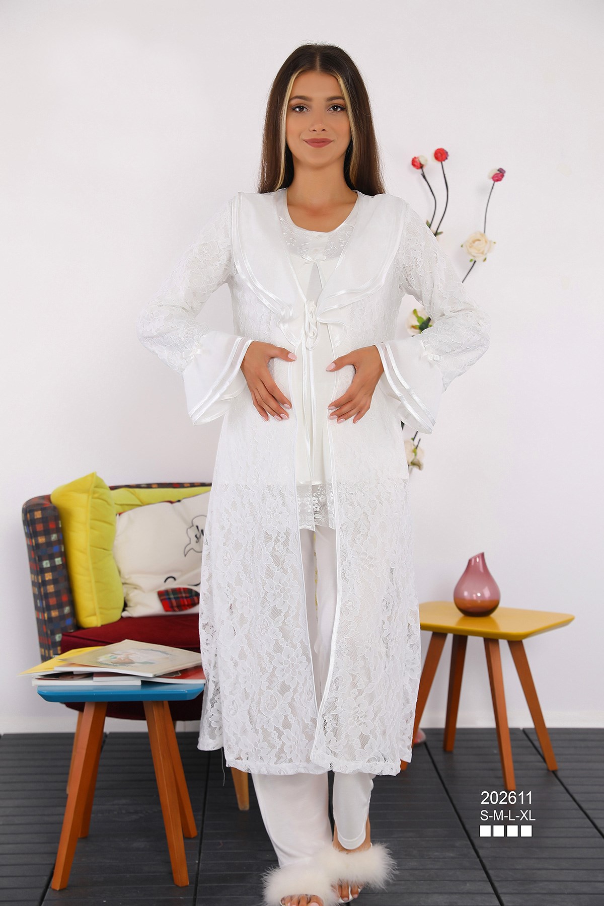 Miss Mirella 202611 Tüll Dantel Sabahlıklı Lohusa Pijama Takımı