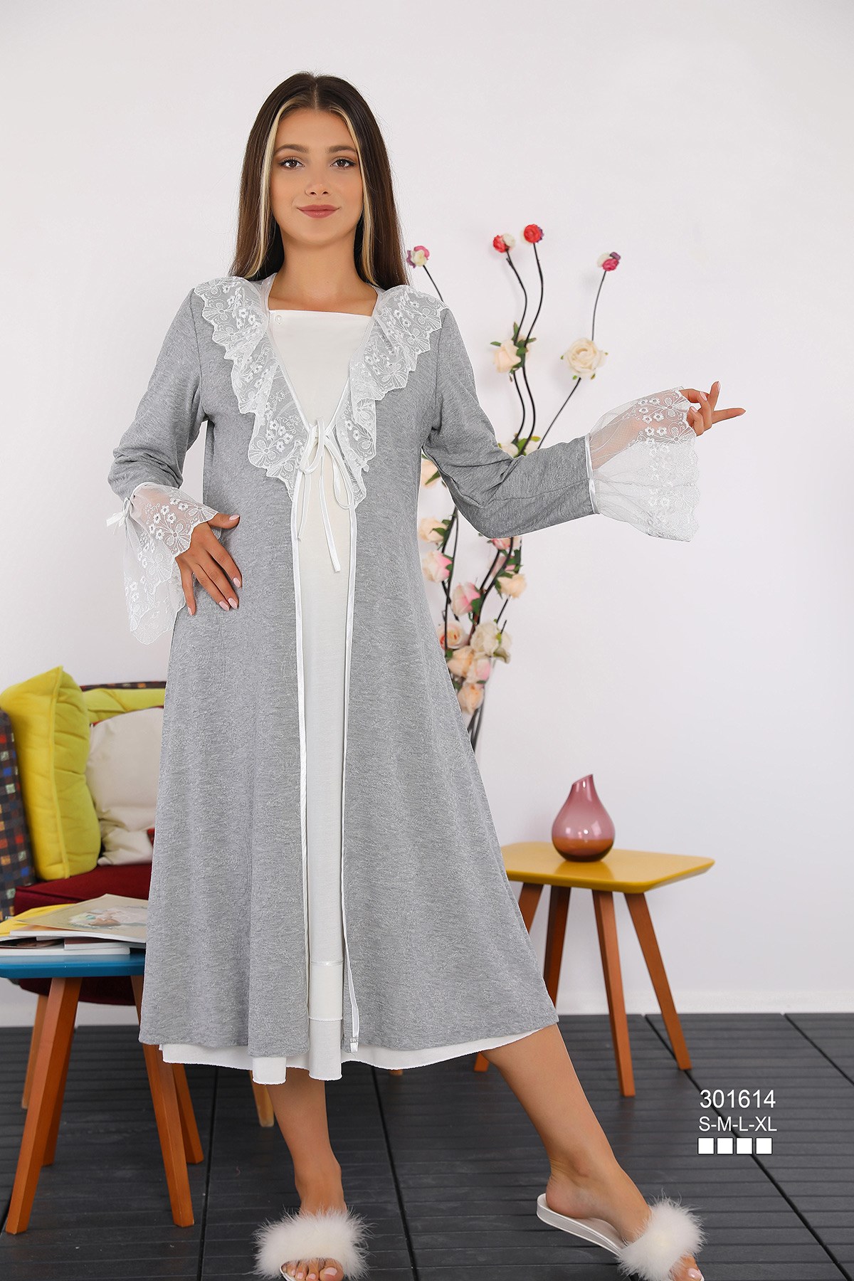 Miss Mirella 301614 Ekru Dantel Sabahlıklı Lohusa Gecelik Takımı