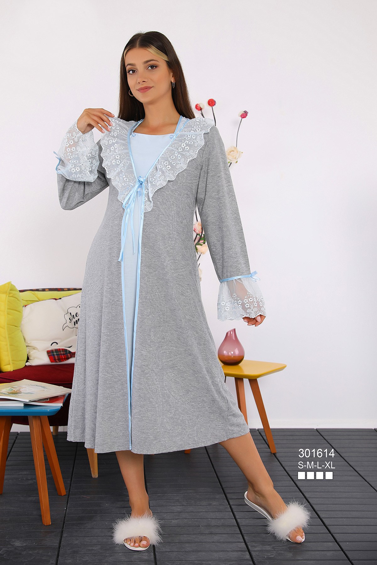 Miss Mirella 301614 Mavi Dantel Sabahlıklı Lohusa Gecelik Takımı