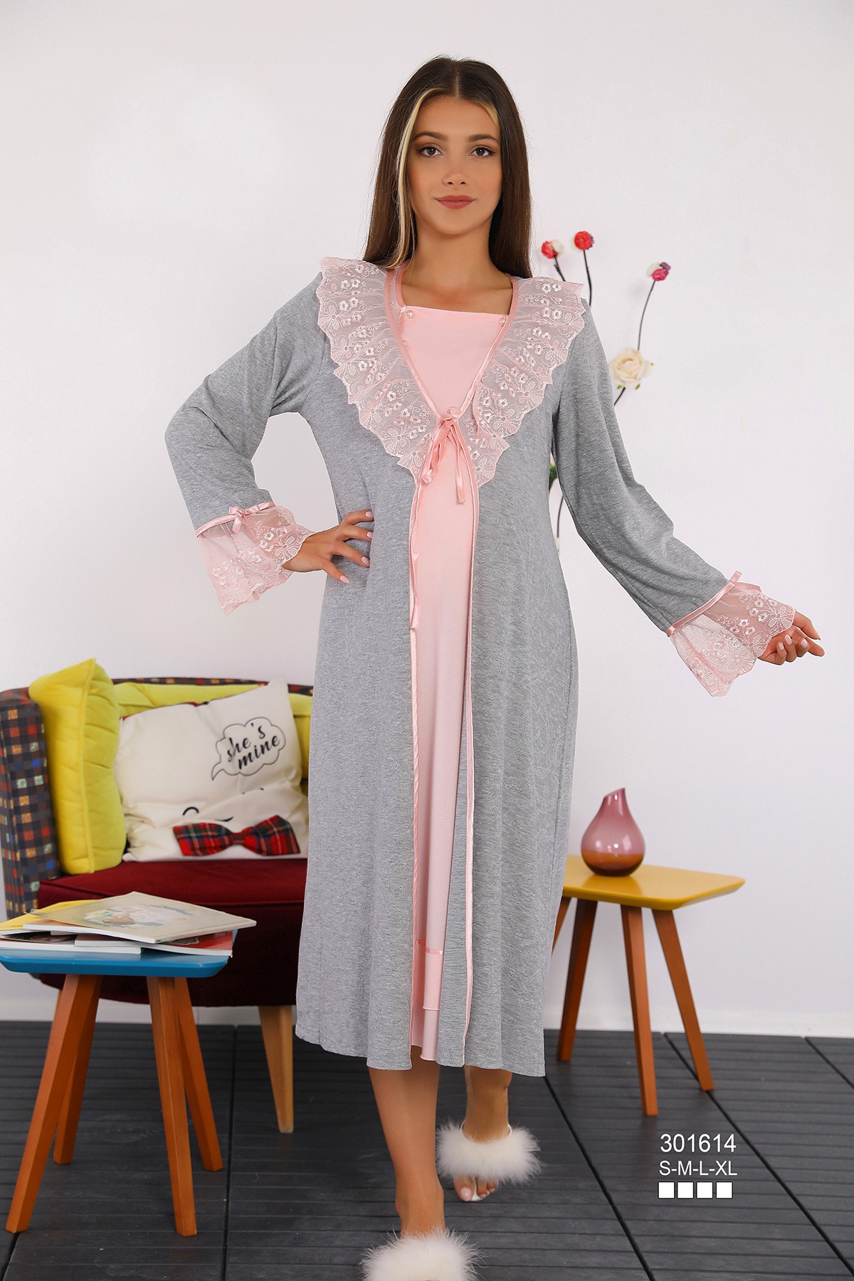 Miss Mirella 301614 Pudra Dantel Sabahlıklı Lohusa Gecelik Takımı