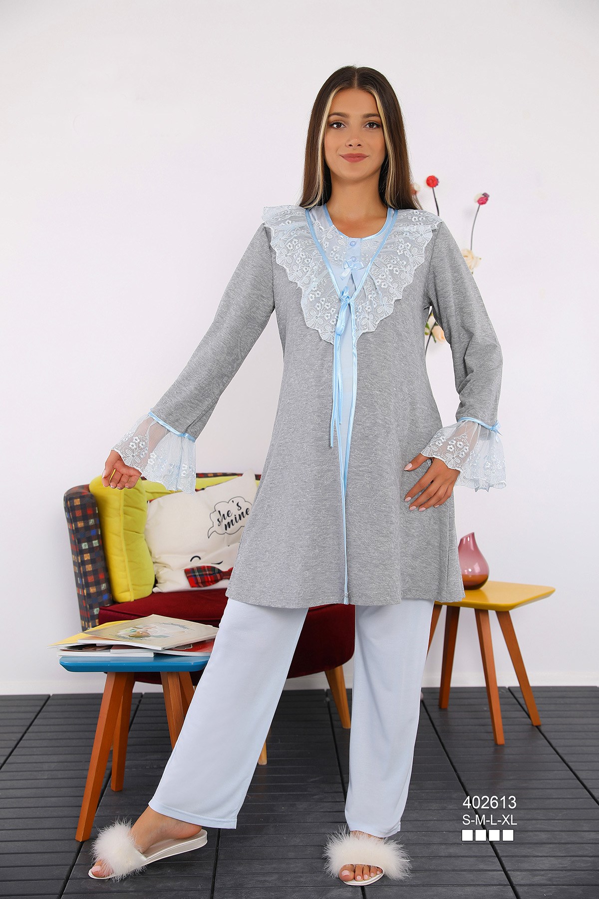 Miss Mirella 402613 Mavi Dantel Yaka Sabahlıklı Lohusa Pijama Takımı