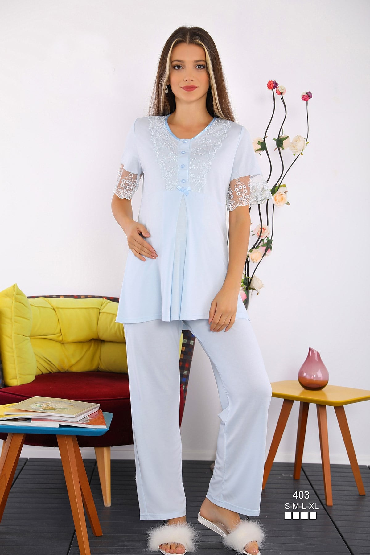 Miss Mirella 403 Mavi Papatya Dantelli Lohusa Pijama Takımı