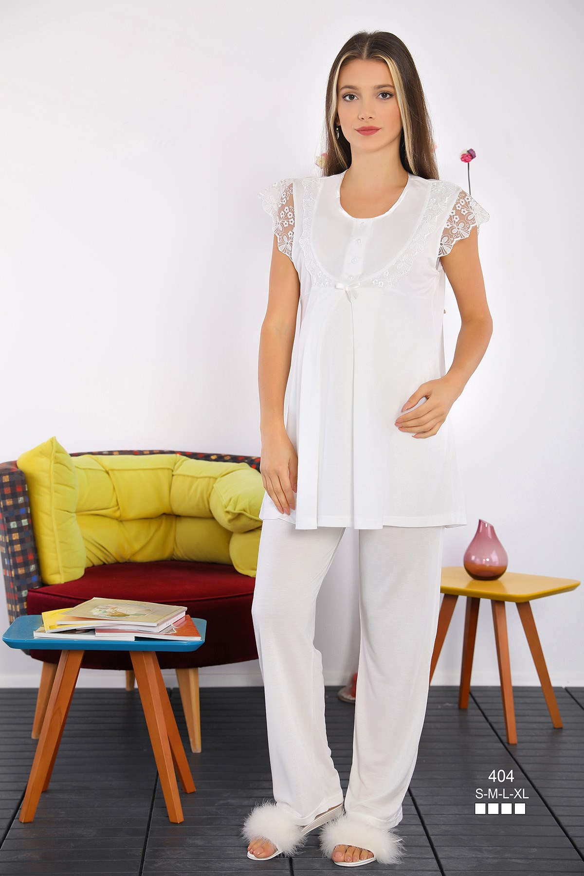 Miss Mirella 404 Ekru Dantelli Lohusa Pijama Takımı